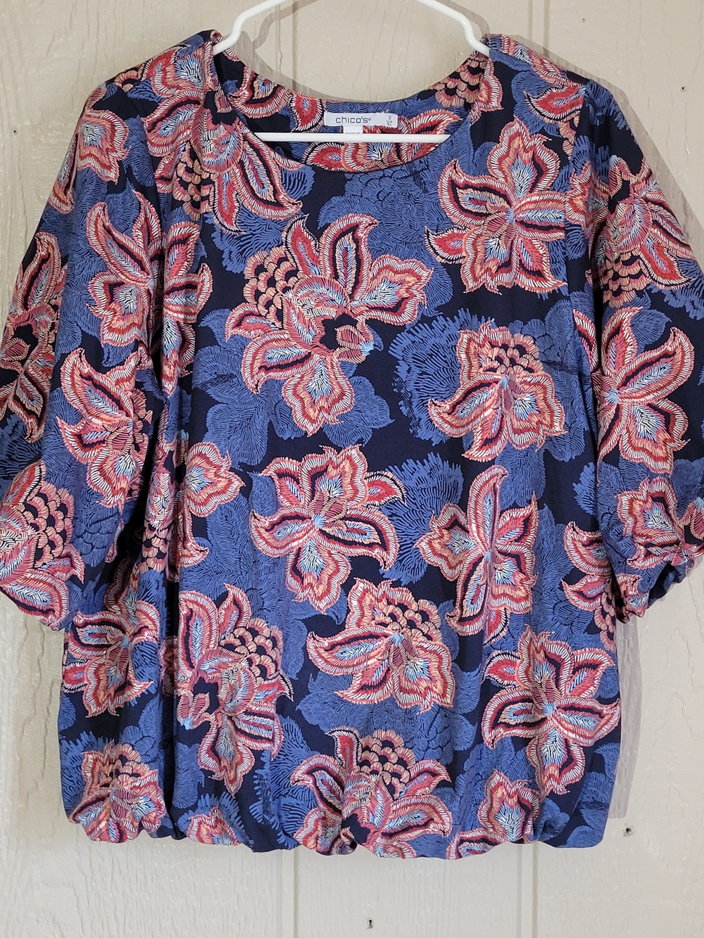 Chico's Navy Floral Puff-Sleeve Blouse